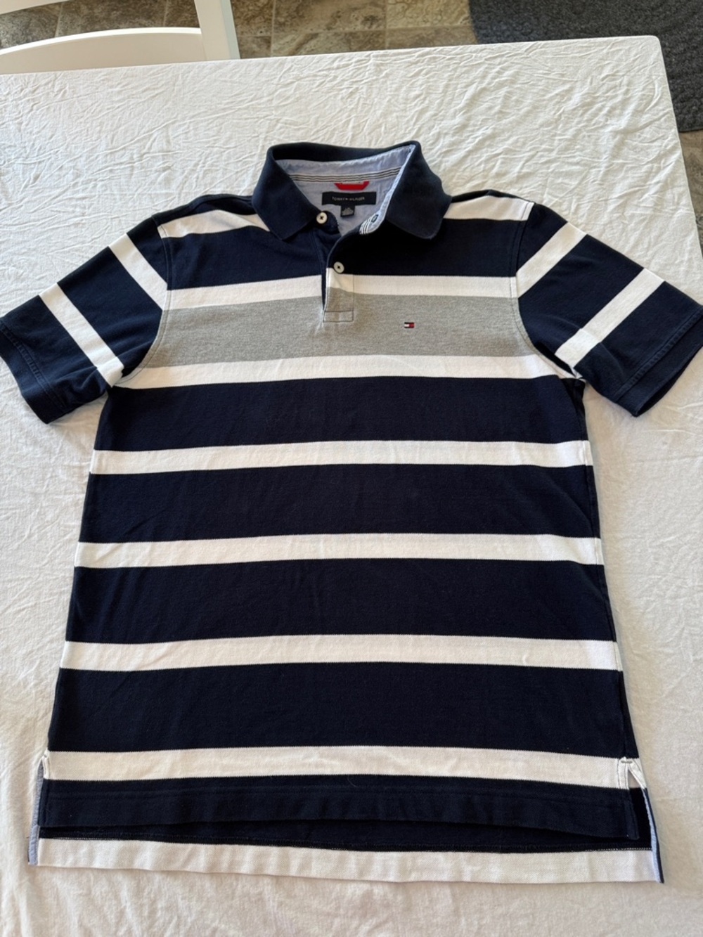 Tommy Hilfiger Polo Shirt Mens Size Large L Striped Slim Fit Short Sleeve Logo